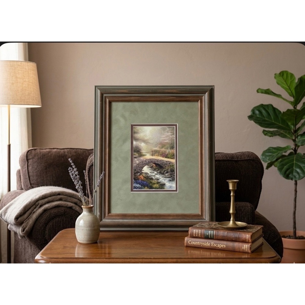 Thomas Kinkade Stone Bridge Landscape Framed Art Print Sage Green Mat Wood Frame